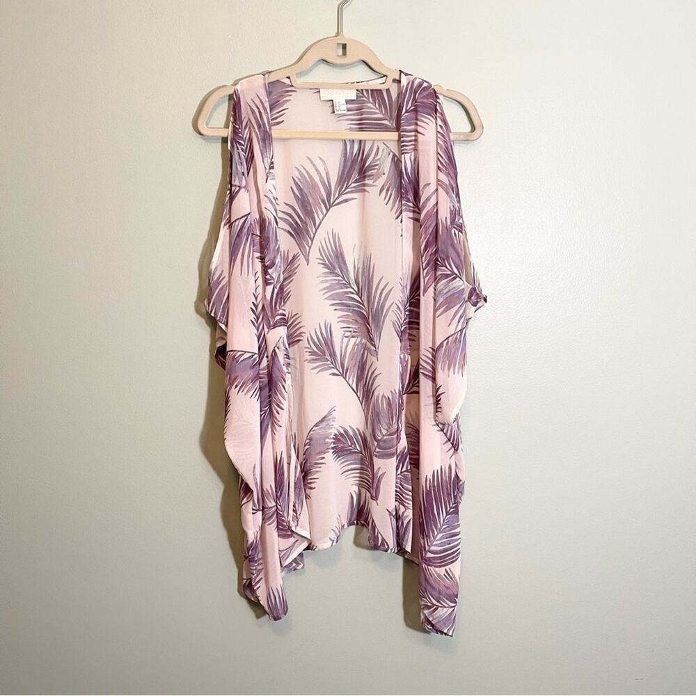 Forever 21 Women's Purple Palm Leaf Cold Shoulder Sheer Drape‎ Cover-Up Top 2X